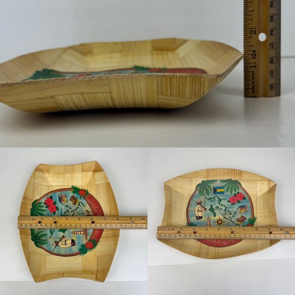 Vtg Bahama Islands Souvenir Bamboo Light Trinket Tray Bowl Tan Map Imagery - Picture 3 of 11